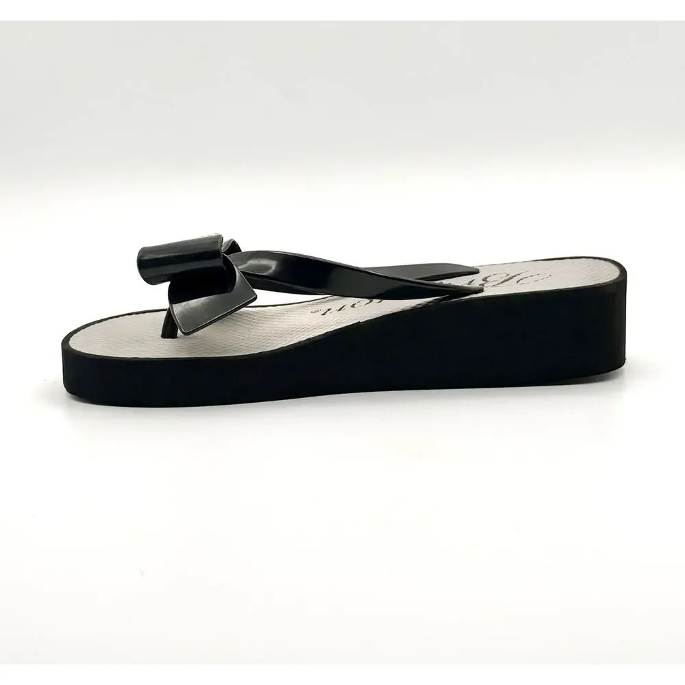 BRIGHTON Women Size 7 Sandals Black Bow BOWIE Platform Wedge W/ Bling Flip flop